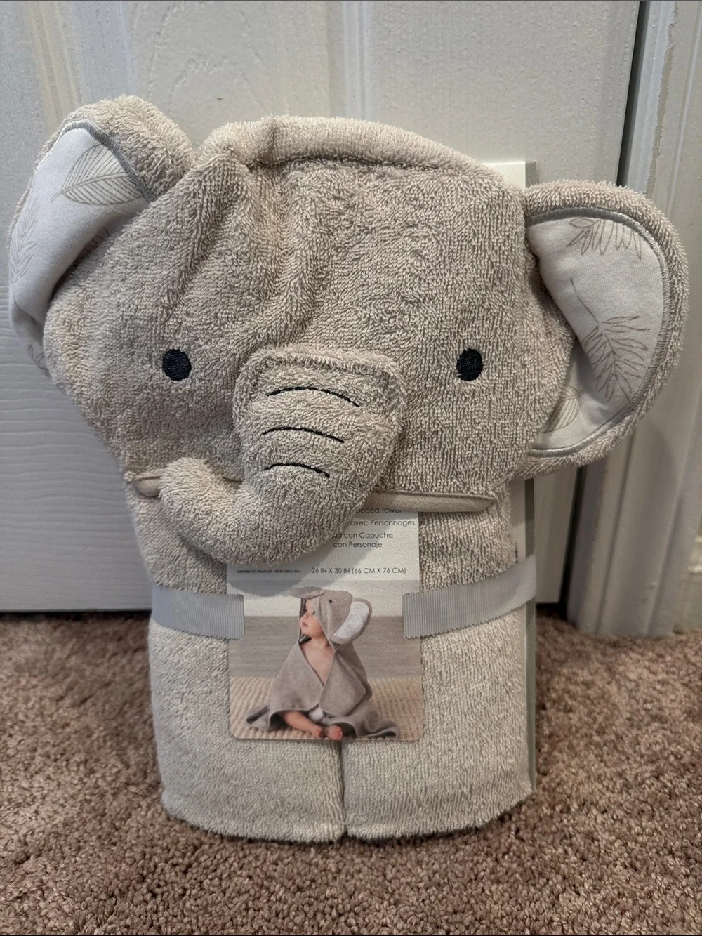 Plush Elephant Hooded Baby Towel in Light Gray with elephant soothie